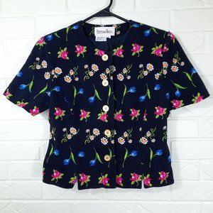 Vintage Petites by Maggie Navy Floral Print Short Sleeve Button Up Top 6
